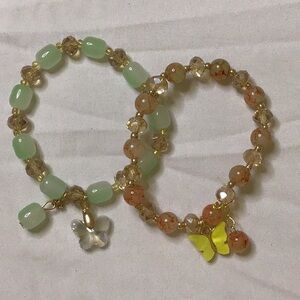 Green and Cream Glass Beaded Bracelets with Charms